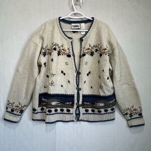 Vtg Womens Cottagecore Embroidered Wool Cardigan Sweater Sz XL Chunky Thick Boho